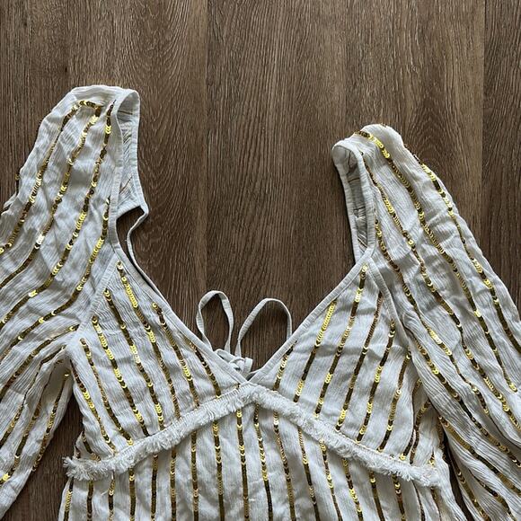 Sundress White & Gold Sequin Striped Mini Dress SZ M/L Plunge Lined - Picture 5 of 7